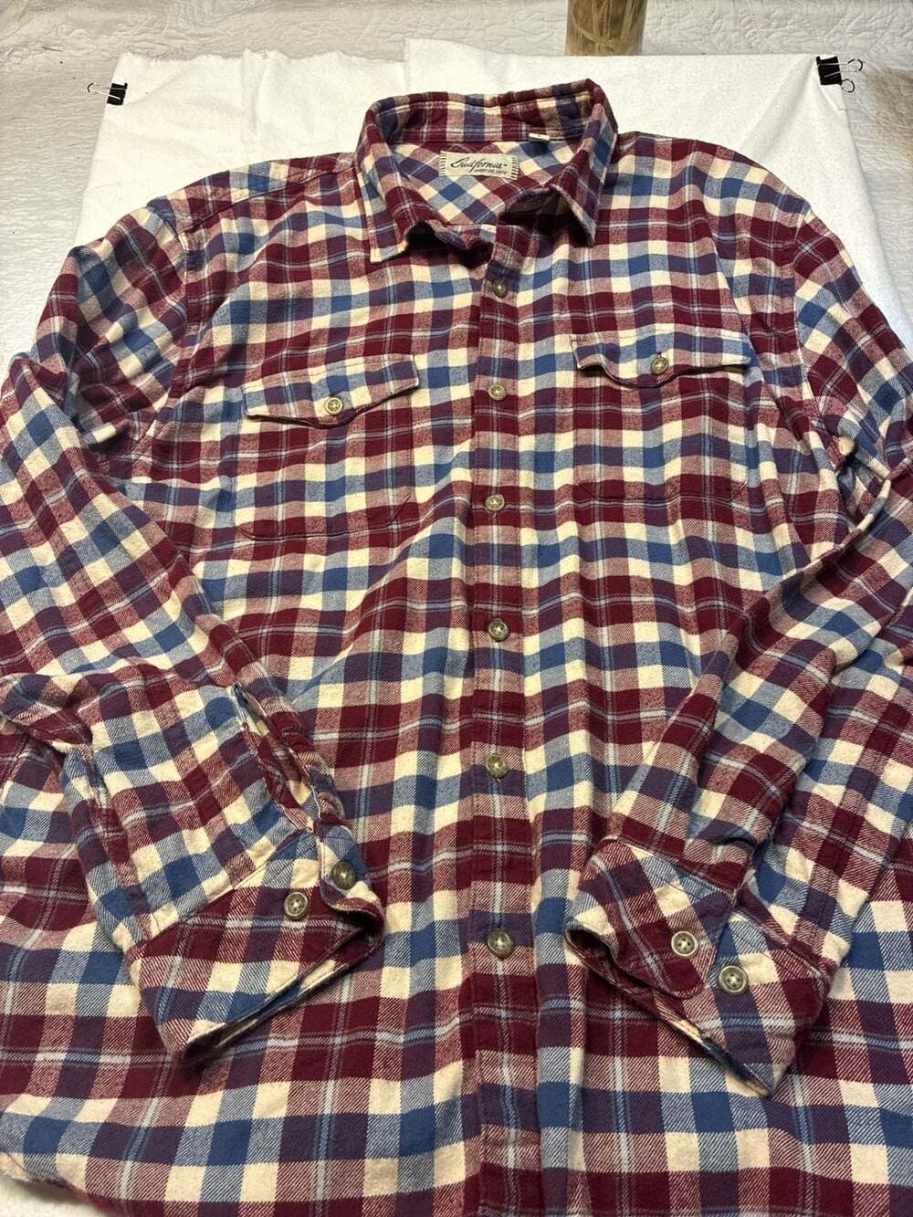 California Shirt Co. 1976 Plaid Flannel Button Down Shirt Maroon Blue Large